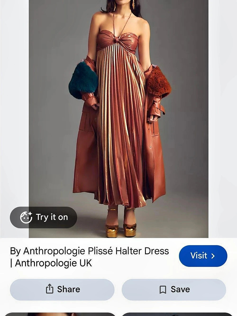 Anthropologie By Anthropologie Plissé Halter Dress Brown Maxi